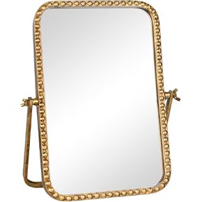 Vintage Desk Makeup Mirror, Antique Gold Vanity Table Mirror, Metal Framed Rectangular Small Standing Mirror with Beaded, 360 Adjustable Rotation for Tabletop, Bedroom 11.8“ x 7.8"