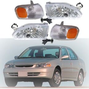 Driver and Passenger Side Signal Lights Headlight Assembly with Amber Reflector Replacement for Corolla 1998-2000 Chrome Housing Clear Lens