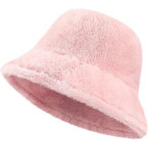 Premillow Winter Fuzzy Bucket Hats for Women - Faux Fur Bucket Hat, Warm Fluffy Hat Fisherman Cap, Bucket Winter Hats for Women Men, Solid Color Style, Pink
