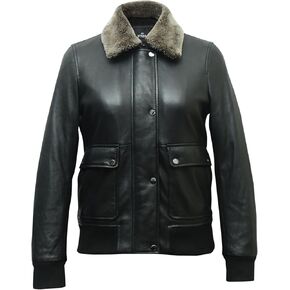 STREGA Womens leather jacket Lambskin Bomber Jacket-detachable snow top faux fur collar Black Leather jacket women.
