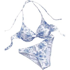MakeMeChic Women's 2 Piece Floral Print Triangle Bikini Sets Twisted Halter Tops High Cut Thong Bathing Suits