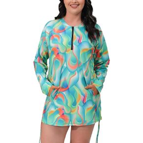 Halcurt Women Plus Size Rash Guard with Bra Pockets Half Zip Side Drawstring Adjustable UPF50 Swim Shirt