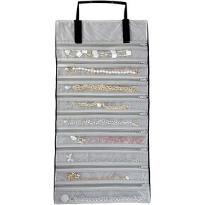 Velvet Travel Jewelry Case Roll Bag Organizer for Necklace, 9 Zipped Grids, Black