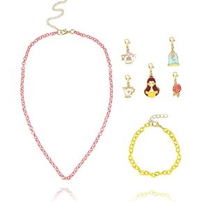 Disney Princess Necklace, Bracelet, and Charms Set - Ariel, Belle, and Cinderella Princess Charms with Bracelet and Necklace Princess Jewelry
