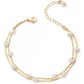 Gold Pearl Bracelets for Women - Dainty 14K Gold Plated Pearls Bracelet Trendy Beaded Chain Jewelry Gifts for Women