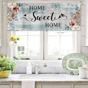MESHELLY Rustic Valances Teal Floral Kitchen Curtains 52Wx18H Inch Rod Pocket Vintage Retro Flower Wooden Plant Bedroom Window Drapes Farmhouse Country Living Room Window Treatment Fabric 1 Panel