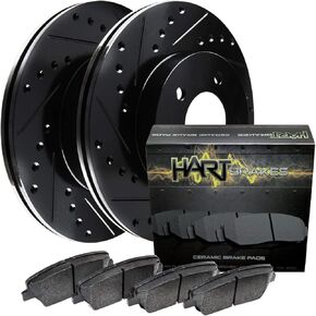 Hart Brakes Rear Brake Rotors Black Drilled Slotted Ceramic Pads Compatible For 2014-2020 Jaguar F-Type, XJ