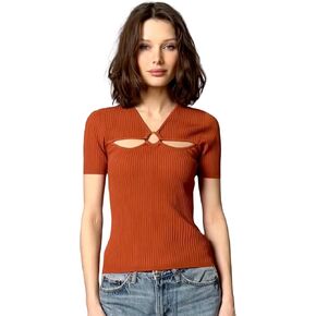 Minnie Rose Womens Short Sleeve Keyhole V Neck Viscose Blend Pullover Sweater