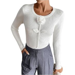 Verdusa Women's 3D Floral Slim Fitted Sweaters Long Sleeve Round Neck Pullover Knit Top