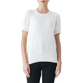 Cable Stitch Women's Pointelle Short Sleeve Crewneck Sweater Top - Lightweight Puff Sleeve Pullover