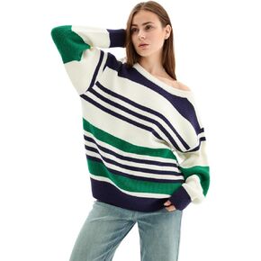 Off The Shoulder Sweater for Women Crewneck Long Sleeve Striped Sweater Knit Trendy Pullover Sweater Tops