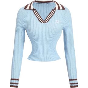 MakeMeChic Women's Collar V Neck Long Sleeve Pullover Sweater Contrast Binding Preppy Sweater Tops