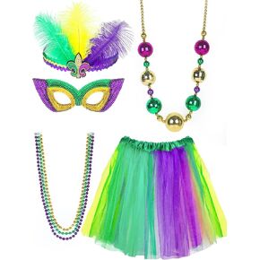 7 Pcs Mardi Gras Costume Accessories Set Women Outfit Tutu Skirt Headband Masquerade Mask Feathered Beads Boas for Women Carnival Costume Party Supplies