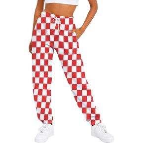 Womens Checkered Pants Baggy Sweatpants Drawstring Elastic Waist Y2K Athletic Joggers Lounge Pants with Pockets