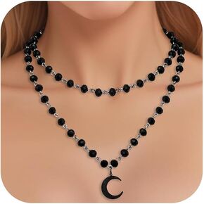 Gothic Moon Necklace for Women, Layered Black Crescent Moon Necklace, Witch Jewelry Necklace, Onyx Bead Necklace, Goth Necklace, Christmas New Year Jewelry Gift