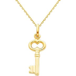 14k Yellow Gold Key Charm Pendant with 0.9mm Oval Angled Cut Rolo Cable Chain Necklace
