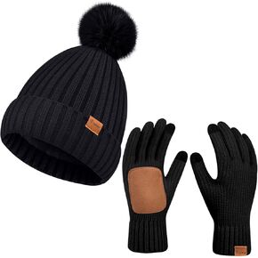 Womens Beanie Hat Gloves Set Winter Knitted Beanie Hat for Women With Pom Pom Warm Touchscreen Gloves Set for Cold Weather