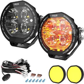 3.5-Inch Round Amber White Led Off-Road Pod Light, 12v, 66w Spot Flood Combo Includes Wiring Harness, Amber Lens Cover, Easy Install Durable for Trucks Suvs Atvs Fits Most Off-Road Vehicle Models