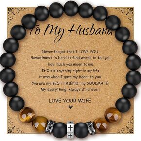 Men Bracelet Set Tigers Eye Bracelet 8mm Black adjustable Beaded Summer Cuff Charm Bracelets for son Husband Elegant Cross Bracelet (To My Husband)