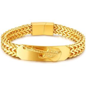 OIDIMS Rock Music Guitar Bracelet Men's Fashion Punk Biker Sturdy Stainless Steel Franco Chain Bracelets Golden Personalized Evening School Graduation Gift for Husband Dad Grandpa Birthday