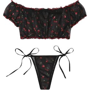 MakeMeChic Women's Two Piece Lingerie Set Mesh Off Shoulder Ruffled Crop Top and Panty Set