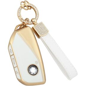 1797 Key Fob Cover for 2023 BMW 7 Series X7 i7 iX XM Accessories Bling Key Chain Case Shell Protector 4 Button White Gold TPU