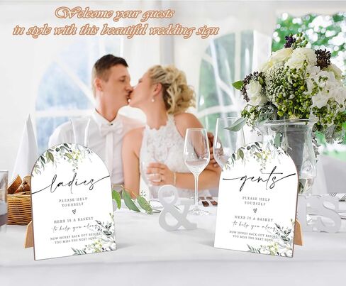 2 Pack Greenery Bathroom Basket Ladies & Gents Signs For Wedding, Wedding Ceremony Sign, 6 x 8 Inch Arch Wooden Tabletop Sign with Stand, Wedding Reception Decoration, Wedding Party Supplies (PZ12) in Saudi Arabia