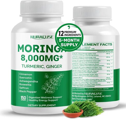Moringa 8,000mg 12-in-1 Supplement with Turmeric Cinnamon Quercetin Ashwagandha Ginger Boswellia Nettle Saffron Tart Cherry Garlic - Made in The USA in Saudi Arabia