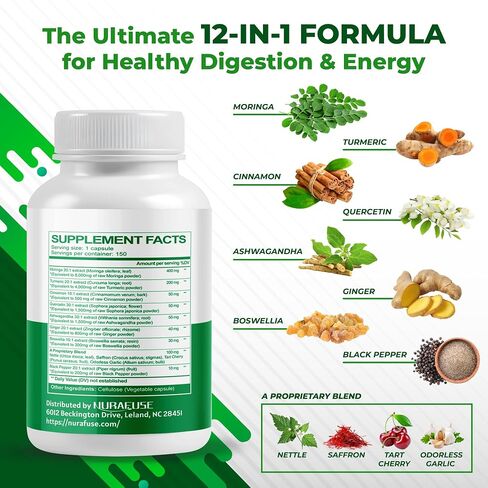 Moringa 8,000mg 12-in-1 Supplement with Turmeric Cinnamon Quercetin Ashwagandha Ginger Boswellia Nettle Saffron Tart Cherry Garlic - Made in The USA in Saudi Arabia
