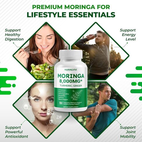 Moringa 8,000mg 12-in-1 Supplement with Turmeric Cinnamon Quercetin Ashwagandha Ginger Boswellia Nettle Saffron Tart Cherry Garlic - Made in The USA in Saudi Arabia