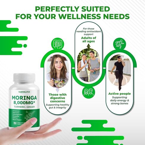 Moringa 8,000mg 12-in-1 Supplement with Turmeric Cinnamon Quercetin Ashwagandha Ginger Boswellia Nettle Saffron Tart Cherry Garlic - Made in The USA in Saudi Arabia
