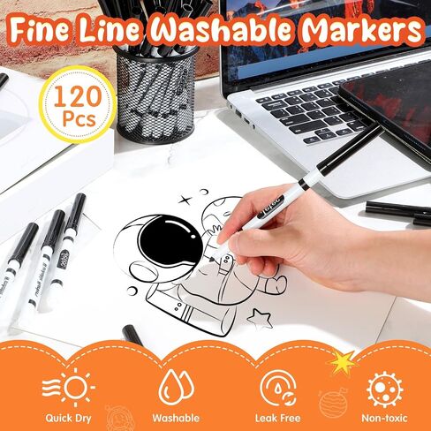 Janlaugh 72 Count Line Washable Markers Bulk Black Fine Tip Markers Set Black Markers for Kids Thin Black Washable Markers for Art School Supplies, Classroom Bulk Pack Teacher Classroom Must Have in Kuwait