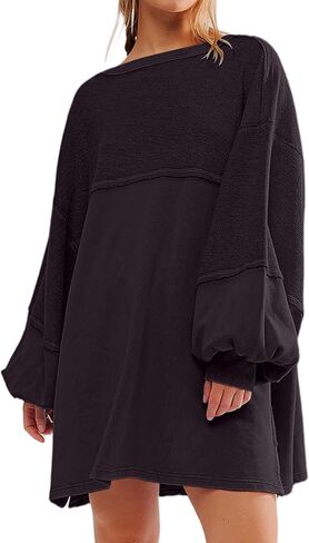 Women Oversized Long Sleeve Patchwork Sweatshirt Dress Solid Crewneck Drop Shoulder Pullover Sweatshirts Dresses Black in Saudi Arabia
