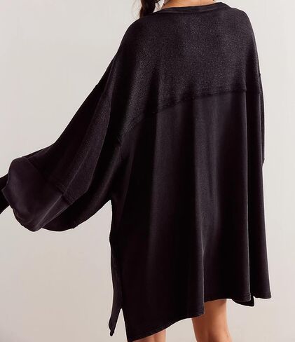 Women Oversized Long Sleeve Patchwork Sweatshirt Dress Solid Crewneck Drop Shoulder Pullover Sweatshirts Dresses Black in Saudi Arabia