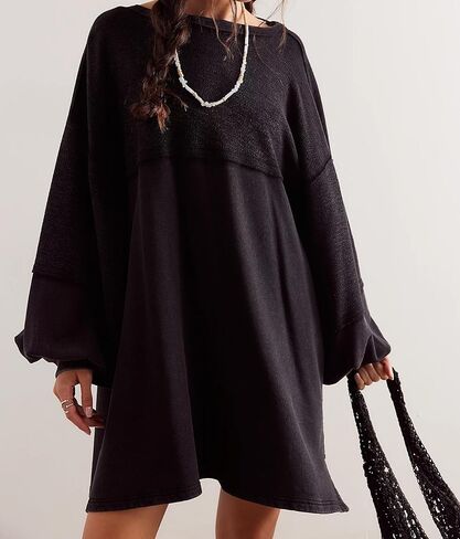 Women Oversized Long Sleeve Patchwork Sweatshirt Dress Solid Crewneck Drop Shoulder Pullover Sweatshirts Dresses Black in Saudi Arabia