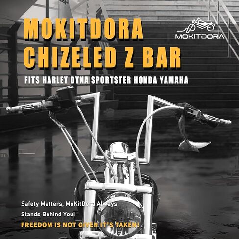 MoKitDora 10 بوصة ارتفاع 1 بوصة سمين 1 بوصة مشبك Chizeled المقود قضبان Z الكلاسيكية لـ Harley 07-later Sportster XL 883 1200 '06-'17 Dyna Street Bob FXDB '96-'07 Wide Glide FXDWG Yamaha Virago XV Honda، Chrome in Kuwait