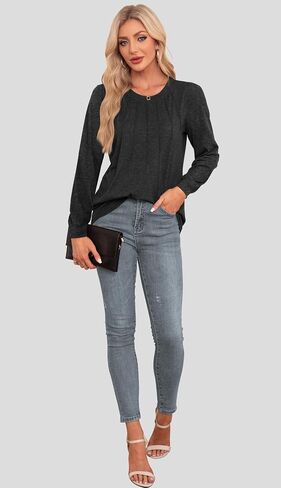 قمصان Agnes Urban بأكمام طويلة للنساء قطع علوية للخريف بلوزات غير رسمية أنيقة ورقبة دائرية وطيات وفضفاضة قطع علوية عصرية in Kuwait