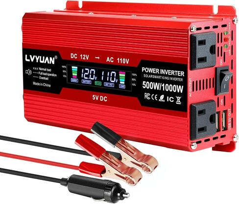 LVYUAN 1000W Car Power Inverter 12V to 110V DC to AC with 2 US Sockets, Cigarette Lighter, LCD Display, USB Ports for Car, Home,Outdoor, Camping in Kuwait