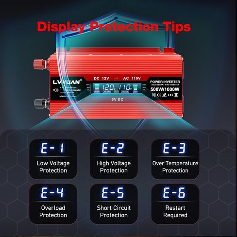 LVYUAN 1000W Car Power Inverter 12V to 110V DC to AC with 2 US Sockets, Cigarette Lighter, LCD Display, USB Ports for Car, Home,Outdoor, Camping in Kuwait