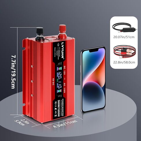 LVYUAN 1000W Car Power Inverter 12V to 110V DC to AC with 2 US Sockets, Cigarette Lighter, LCD Display, USB Ports for Car, Home,Outdoor, Camping in Kuwait