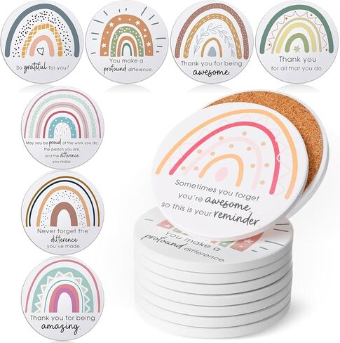Set of 24 Thank You Appreciation Coasters Set, Ceramic Absorbent Drinks Coasters with Cork, Water Absorbent Coasters Cute Cup Mat Gifts for Teacher Employee (Fresh Style) in Kuwait