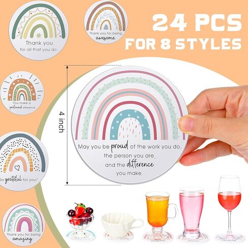 Set of 24 Thank You Appreciation Coasters Set, Ceramic Absorbent Drinks Coasters with Cork, Water Absorbent Coasters Cute Cup Mat Gifts for Teacher Employee (Fresh Style) in Kuwait
