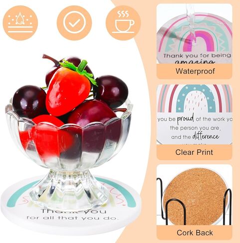 Set of 24 Thank You Appreciation Coasters Set, Ceramic Absorbent Drinks Coasters with Cork, Water Absorbent Coasters Cute Cup Mat Gifts for Teacher Employee (Fresh Style) in Kuwait