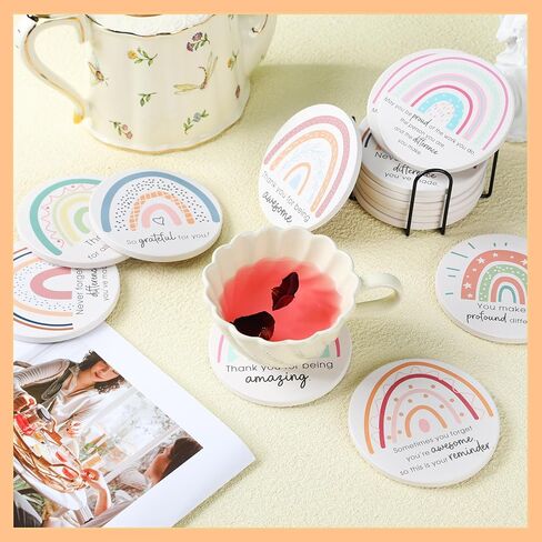 Set of 24 Thank You Appreciation Coasters Set, Ceramic Absorbent Drinks Coasters with Cork, Water Absorbent Coasters Cute Cup Mat Gifts for Teacher Employee (Fresh Style) in Kuwait