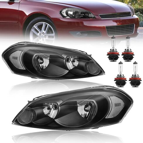 مجموعة المصابيح الأمامية متوافقة مع 2006-2013 Chevy Impala متوافقة مع 2014-2016 شيفروليه إمبالا المحدودة 2006 2007 مصباح أمامي مونتي كارلو مع لمبات غطاء أسود/عدسة شفافة/زاوية كهرمانية in Kuwait