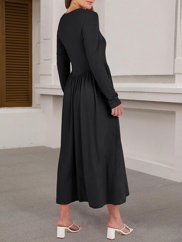 فستان نسائي متوسط ​​الطول بأكمام طويلة من ANRABESS لخريف 2024، فساتين محبوكة غير رسمية ذات ثنيات رفيعة مع جيوب in Kuwait