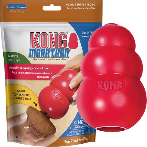 KONG Classic Stuffable Dog Toy & KONG Marathon Peanut-Butter-Flavored Treats (2 Pack) - Fetch & Chew Toy for Dogs - With Dog Toy Filler Treat - For Hours of Fun & Enrichment - For Medium Dogs in Saudi Arabia