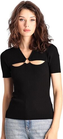 Minnie Rose Womens Short Sleeve Keyhole V Neck Viscose Blend Pullover Sweater in Saudi Arabia