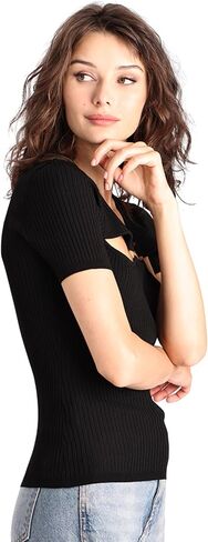 Minnie Rose Womens Short Sleeve Keyhole V Neck Viscose Blend Pullover Sweater in Saudi Arabia