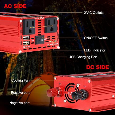 LVYUAN 1500W Car Power Inverter 12V to 110V DC to AC with 2 US Sockets, Cigarette Lighter, LED Display, USB Ports for Car, Home,Truck, Outdoor, Camping in Kuwait
